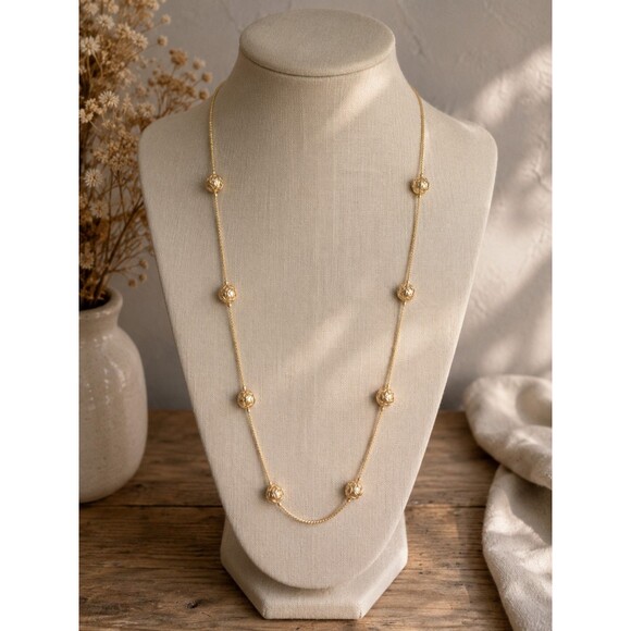 Jewelry - Vintage Gold Tone Station Bead Necklace, Minimalist Layering Necklace